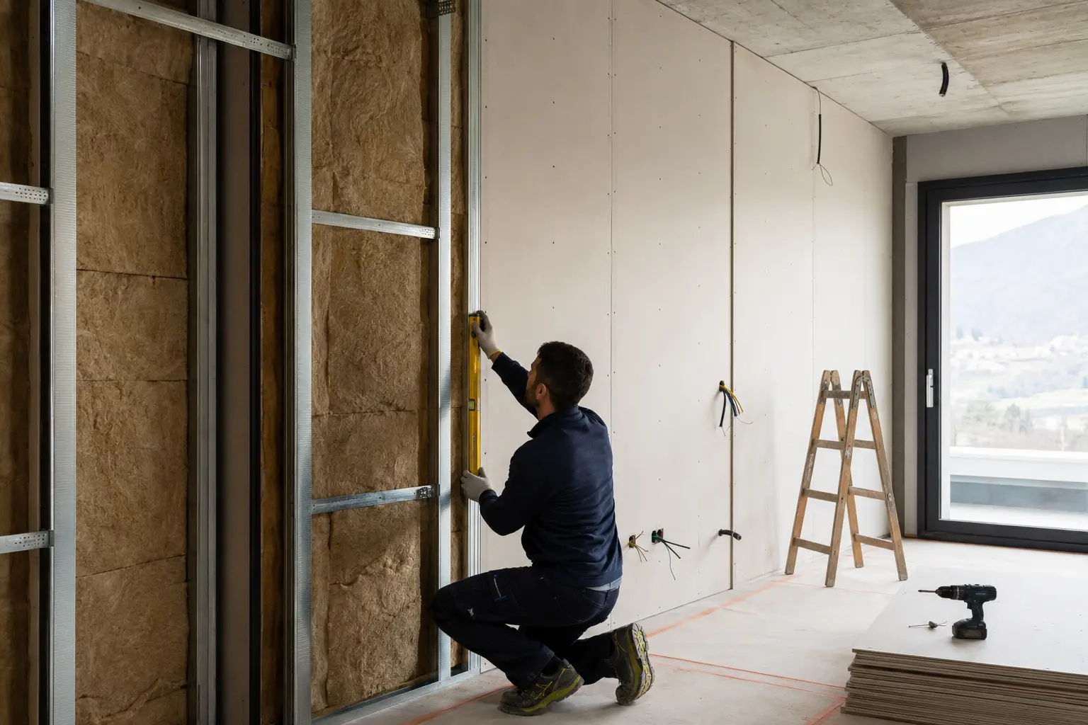 Isolamento interno e struttura in cartongesso in lavorazione