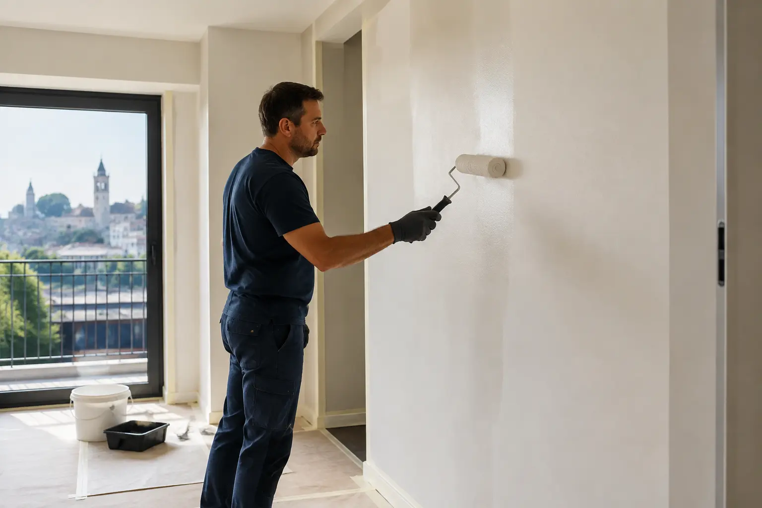 Professionista durante la tinteggiatura di una parete interna